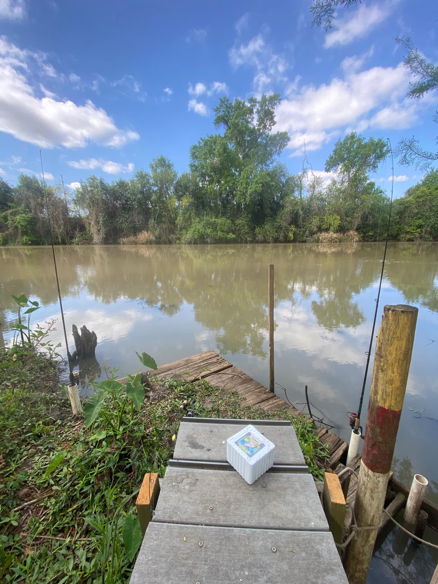 Concrete dock and piling on a calm bayou serving recreational land